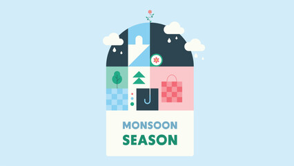 Monsoon season geometric illustration with various shapes and symbols. Vector illustration.