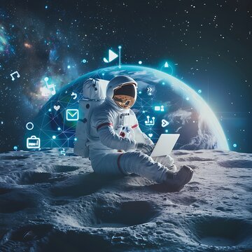 Futuristic Astronaut Analyzing Digital Marketing Data on the Moon