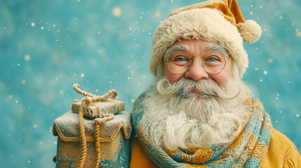 Santa Claus holding a gifts, presents, perfect for Christmas greeting cards. Santa standing in a festive, snowy scene. Christmas card, holiday greeting card, Merry Christmas.