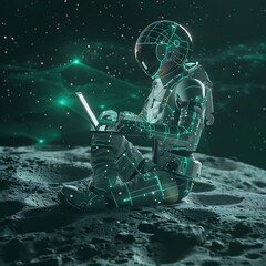 AI Humanoid Analyzing Digital Marketing Data on the Moon with Green Innovation Vibe
