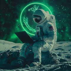 AI Humanoid Analyzing Digital Marketing Data on the Moon with Green Innovation Vibe