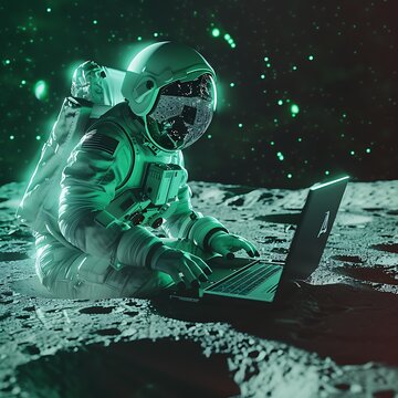 AI Humanoid Analyzing Digital Marketing Data on the Moon with Green Innovation Vibe