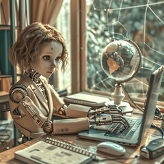 Professional AI Humanoid Analyzing Digital Marketing Data at Modern Desk