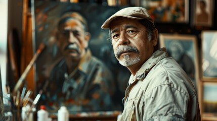 An old artist standing in his workplace in front of his most famous painting while wearing his work uniform and cap, he is proud of his job and skills