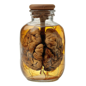 Front view of a sectioned brain kept in a jar with embalming fluid isolated on a white transparent background