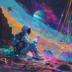 Futuristic AI Humanoid Creating Digital Art on a Colorful Alien Landscape