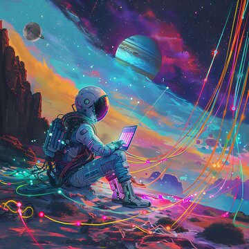 Futuristic AI Humanoid Creating Digital Art on a Colorful Alien Landscape