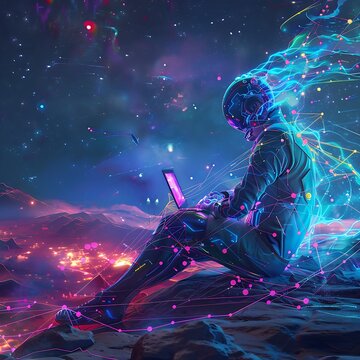 Futuristic AI Humanoid Creating Digital Art on a Colorful Alien Landscape