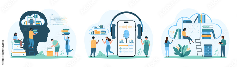 Poster digital library, ai and data file storage service set. tiny people record sound with microphone, lis