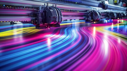 Fototapeta premium High-speed industrial printing machine producing vibrant colors, symbolizing modern technology and creative design in print. Concept of technology, innovation, and industry. 