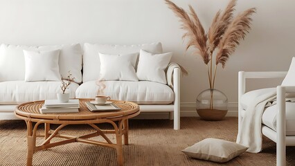 Scandinavian living room design with rattan table, pampas and white sofa on beige background