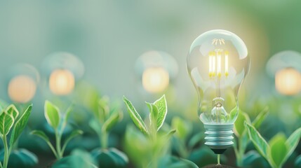 An inspirational image of a glowing light bulb surrounded by growing plants, symbolizing innovation and growth in business ideas. The composition includes generous copy space for adding