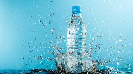 Sparkling water bottle splash on blue background