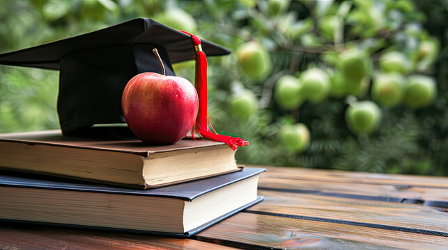 apple and graduation cap on books 