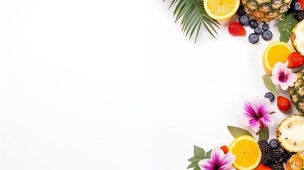 Assortment of tropical fruits and flowers banner background copy space. Pineapples, oranges, berries, hibiscus image backdrop empty. Summertime concept composition top view, copyspace