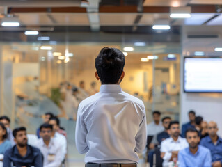 **A photo of an Indian man wearing formal attire and giving a presentation in front of people at the office, shot from behind as the person is facing away, with some blurred figures sitting and listen