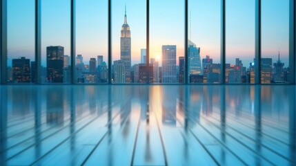 A panoramic view of a bustling city skyline seen through the floor-to-ceiling windows of a high-rise office, showcasing corporate prominence and success.