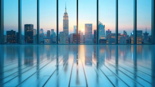 A panoramic view of a bustling city skyline seen through the floor-to-ceiling windows of a high-rise office, showcasing corporate prominence and success.