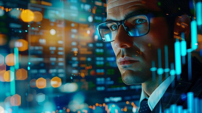 Stock Broker Overlaid with Digital Market Data, Combining Human Insight and Technology, Perfect for Trading Websites, - Powered by Adobe
