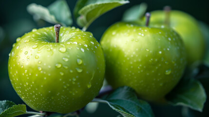Two green apples are hanging from a tree branch