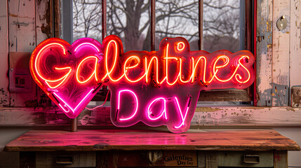 pink red neon Galentines Day sign glowing heart design modern decor celebration banner friends events party concept