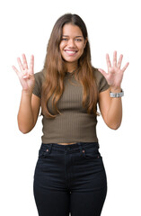 Young beautiful brunette woman over isolated background showing and pointing up with fingers number nine while smiling confident and happy.