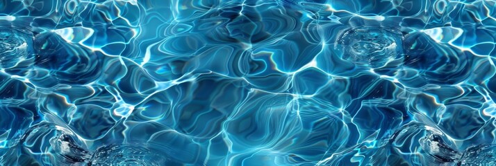 Naklejka na ściany i meble Top view blue water caustics background. Clear ripples pool water texture. Summer vacation