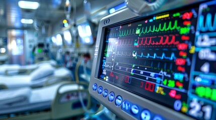 Naklejka premium Hospital Device Monitor: Medical Healthcare System Close-Up - Monitoring and Technology Concept