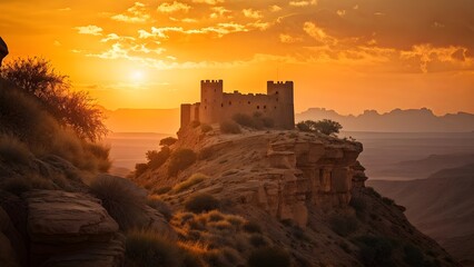 Obraz premium Mysterious ancient castle bathed in golden sunset light atop rocky cliff in desert landscape. Generative AI