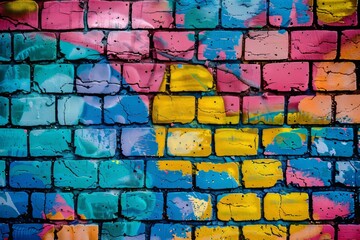Fototapeta premium An image of graffiti on a brick wall, in black, yellow, and purple