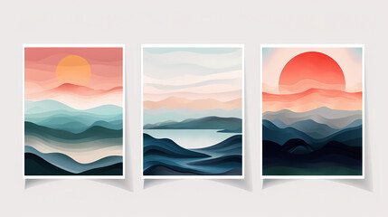 Abstract coloful landscape poster collection. Set of contemporary art print templates. Nature backgrounds for your social media. Sun and moon, sea, mountains, ocean, river bundle