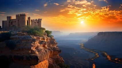 Fototapeta premium Majestic fortress on rocky cliff at sunset with vibrant sky and river view. Generative AI