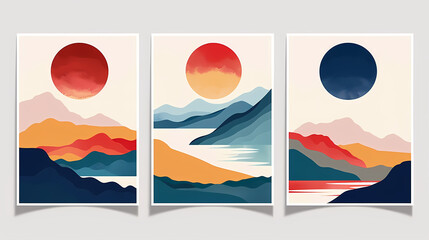 Abstract coloful landscape poster collection. Set of contemporary art print templates. Nature backgrounds for your social media. Sun and moon, sea, mountains, ocean, river bundle