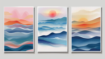 Abstract coloful landscape poster collection. Set of contemporary art print templates. Nature backgrounds for your social media. Sun and moon, sea, mountains, ocean, river bundle