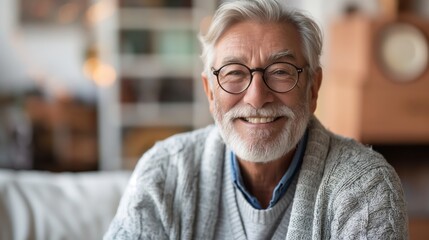 Smiling Elderly French Man with White Beard Wearing Glasses and Sweater, Indoor Portrait