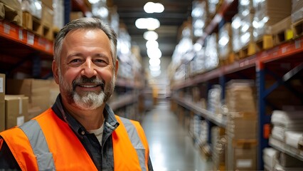 Obraz premium Smiling warehouse worker in orange vest in industrial warehouse background. Generative AI