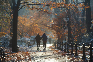 A man and woman are running in a park with trees and leaves on the ground. Scene is peaceful and serene, as the couple enjoys their time together in nature