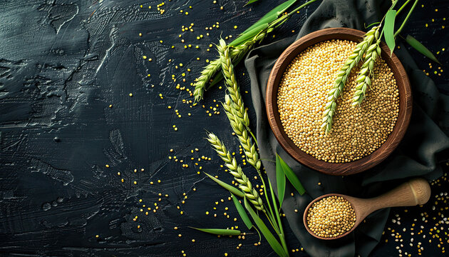 fresh wheat in wooden bowl