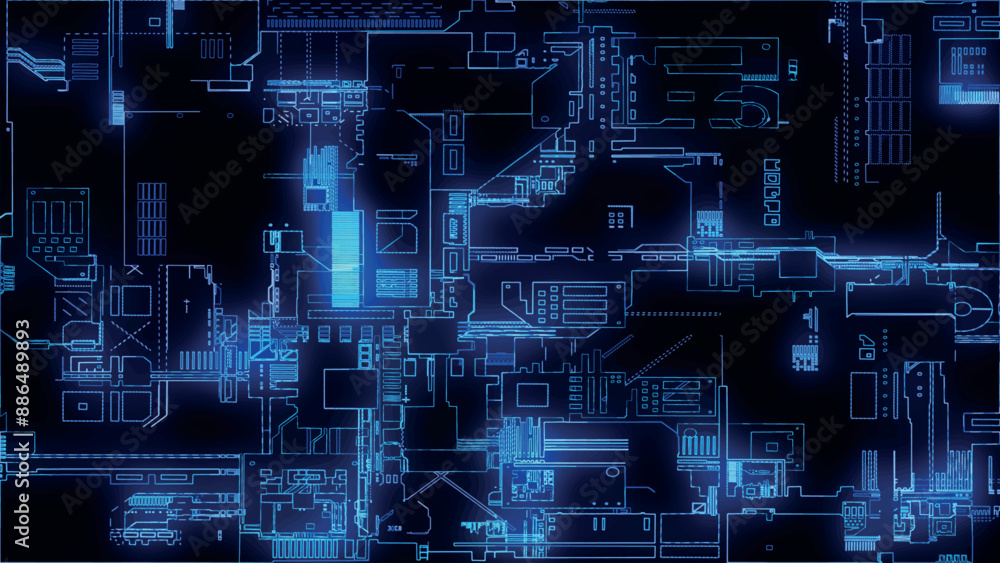 Poster printed circuit board. visualization of advanced technology concept: pcb processor microchip, digiti