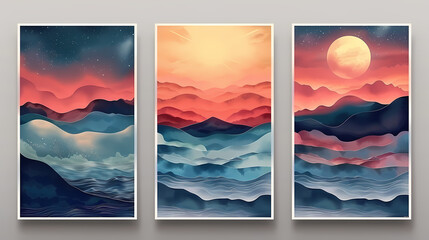 Abstract coloful landscape poster collection. Set of contemporary art print templates. Nature backgrounds for your social media. Sun and moon, sea, mountains, ocean, river bundle