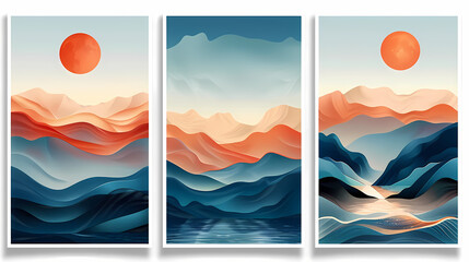 Abstract coloful landscape poster collection. Set of contemporary art print templates. Nature backgrounds for your social media. Sun and moon, sea, mountains, ocean, river bundle