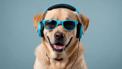 A serene dog sporting stylish headphones perfectly poses in front of a plain blue backdrop emphasizing simplicity