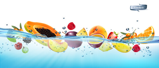 Fresh strawberry, peach, raspberry, blackberry, cherry , papaya in transparent water. Vector illustration