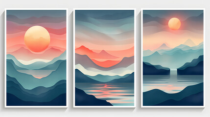 Abstract coloful landscape poster collection. Set of contemporary art print templates. Nature backgrounds for your social media. Sun and moon, sea, mountains, ocean, river bundle