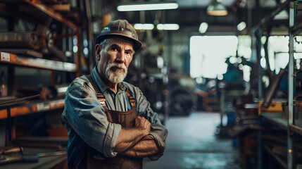 Obraz premium Portrait of a working man in a uniform and a hard hat. AI Generated