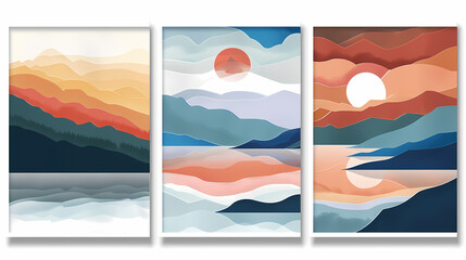 Abstract coloful landscape poster collection. Set of contemporary art print templates. Nature backgrounds for your social media. Sun and moon, sea, mountains, ocean, river bundle
