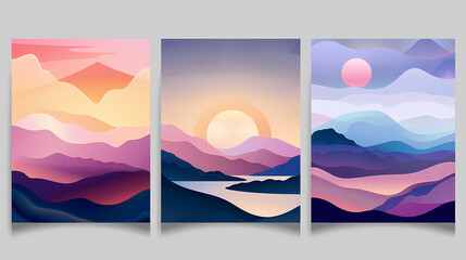 Abstract coloful landscape poster collection. Set of contemporary art print templates. Nature backgrounds for your social media. Sun and moon, sea, mountains, ocean, river bundle