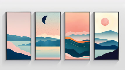 Abstract coloful landscape poster collection. Set of contemporary art print templates. Nature backgrounds for your social media. Sun and moon, sea, mountains, ocean, river bundle