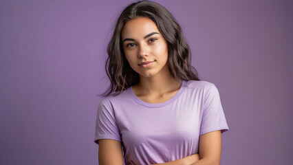 Obraz premium Modern portrait of a young woman wearing a purple shirt with a confident look