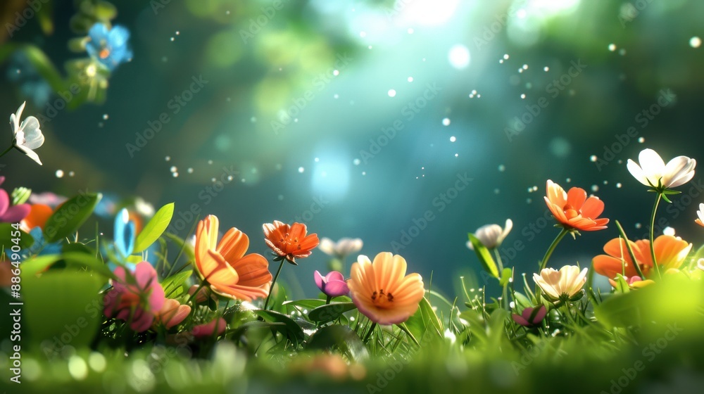 Poster an enchanting view of meadow flowers basking in sunlight, with a soft bokeh effect in the background